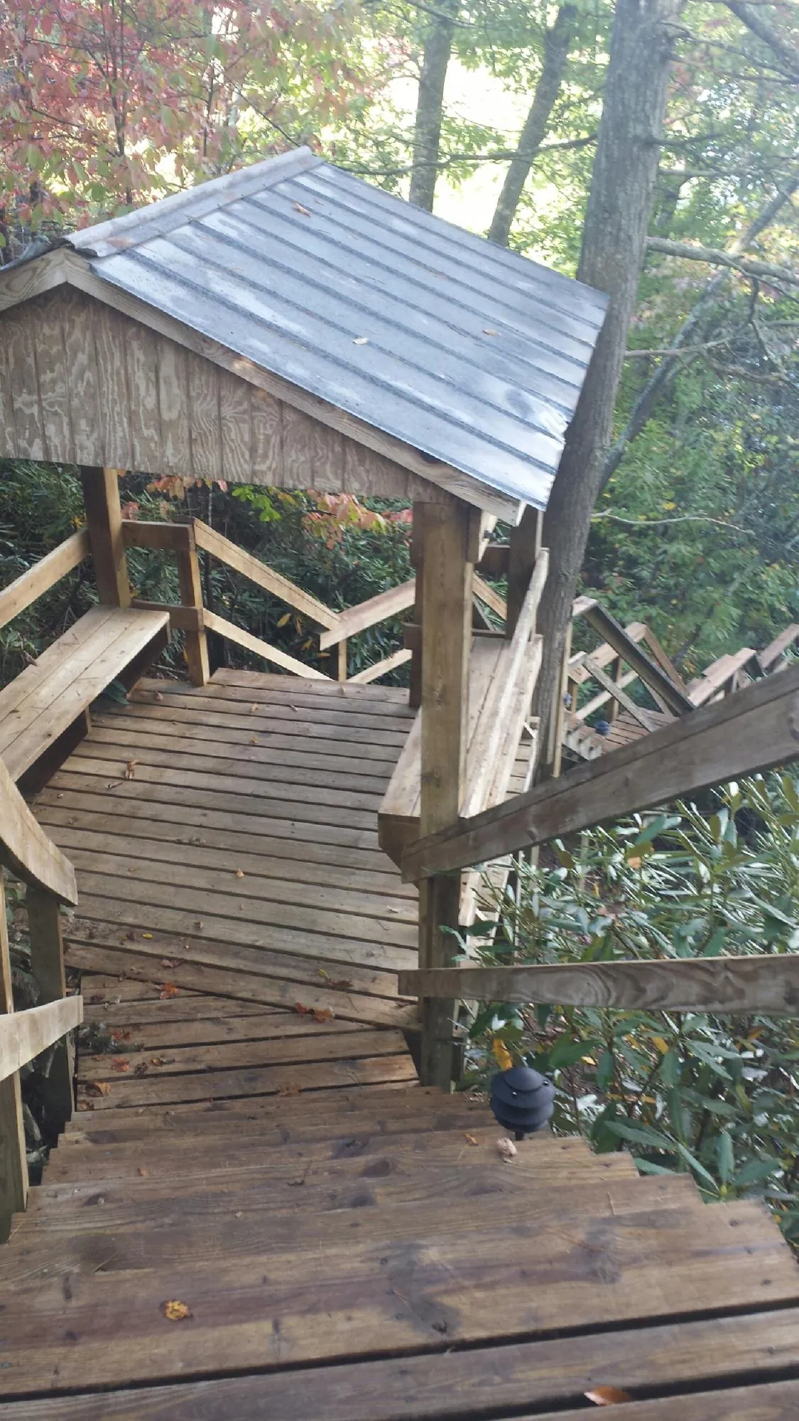 Metal roofed shelter over wooden steps on a wooded walkway — Skylight Repair & Installation work by our crew in Ulysses